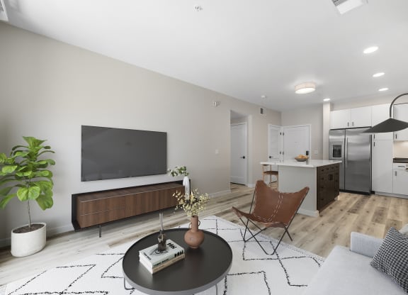 a living room with a tv on the wall and a kitchen in the background