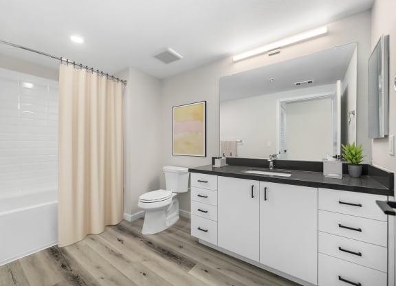 a bathroom with white cabinets and a black countertop