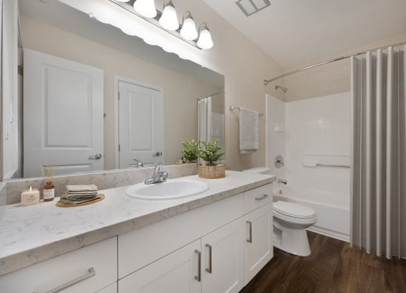 a bathroom with a sink and a shower and a toilet at Silverstone Apartments, Davis, CA