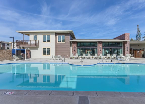 Pool View at Sierra Gateway Apartments in the afternoon with blue skies