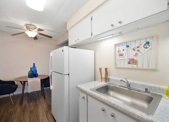 a kitchen with a sink and a refrigerator and a ceiling fan