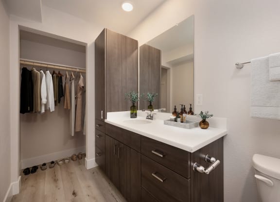 the preserve at ballantyne commons community bathroom with sink and mirror  at Track 281 Apartments, Sacramento, CA