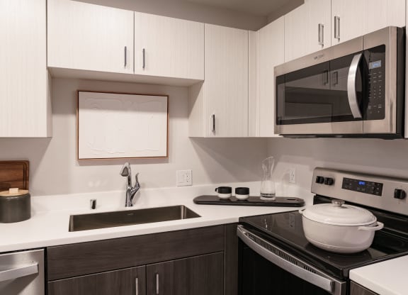 a kitchen with a stove and a microwave and a sink