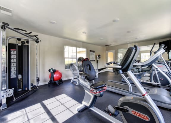 Fitness center with treadmill, cardio machines, and weights systems at Vineyard Terrace Apartments, Napa, CA, 94558
