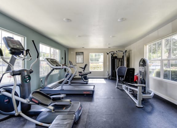 Fitness center with treadmill, cardio machines, free weights at Vineyard Terrace Apartments, Napa, CA