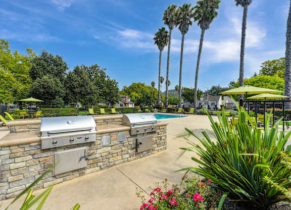 A backyard with a stone wall and a grill at Vineyard Terrace Apartments, California