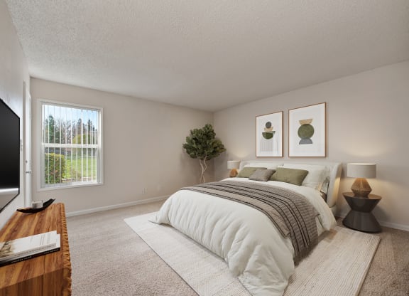 an open bedroom with a bed and a window at Vineyard Terrace Apartments, Napa, CA, 94558