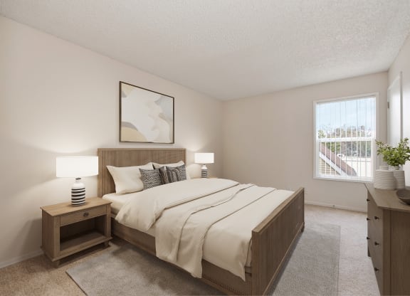 a bedroom with a large bed and a window at Vineyard Terrace Apartments, Napa, CA, 94558