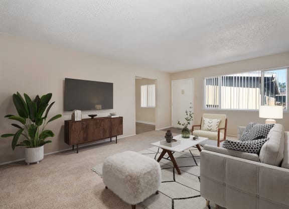 a living room with a couch and a chair and a television