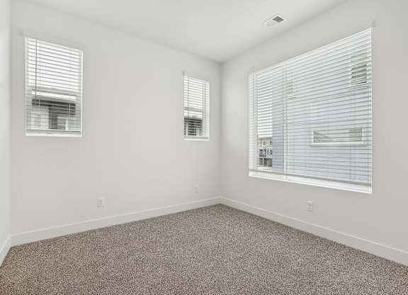 A room with carpeted floor and two windows with blinds.
