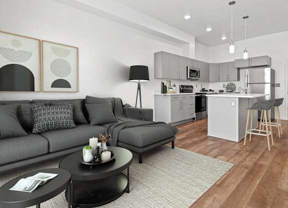a living room with a couch and a table