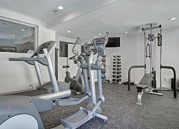 A gym with treadmills, elliptical machines, and weight machines.