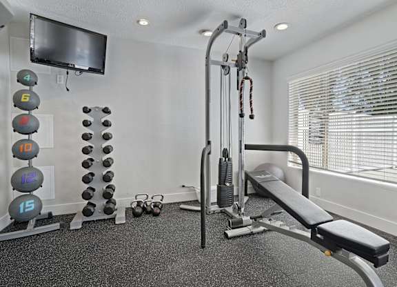 A home gym with a bench, weights, and a television.