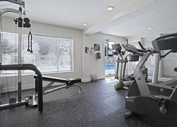 A gym with a variety of equipment including treadmills and weights.