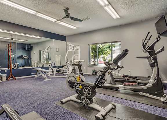 A gym with a variety of equipment including a rowing machine.