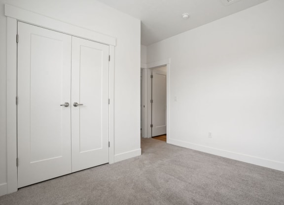 a bedroom with two closets and a carpeted floor