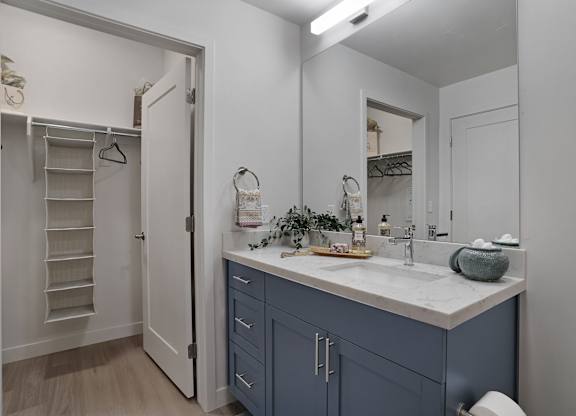 A bathroom with a white sink and a mirror.