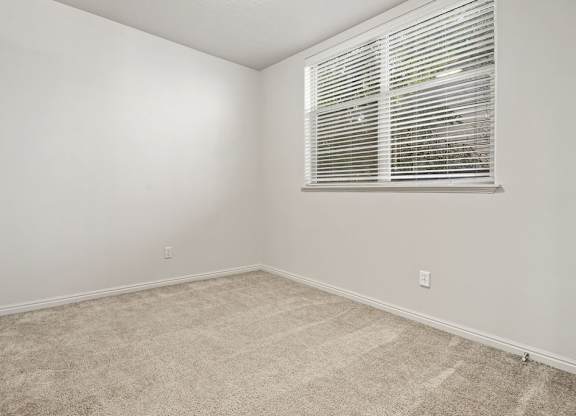 A room with a carpeted floor and a window with blinds.