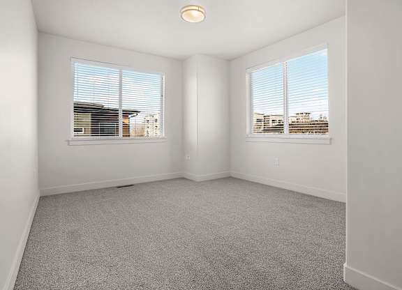 A room with carpeted floor and two windows.