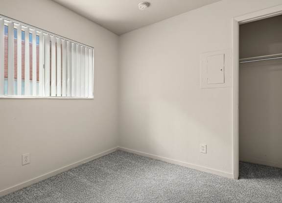 A room with a window covered by white blinds and a carpeted floor.