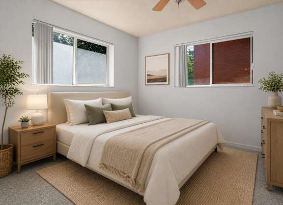 A bedroom with a large bed, a ceiling fan, and a nightstand with a plant on it.