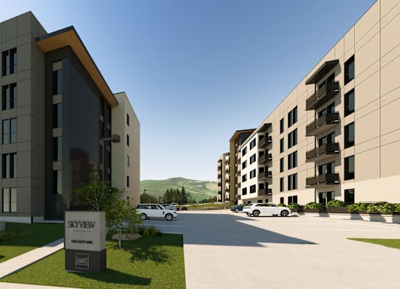 A modern apartment complex named SkyVia is depicted in the image.