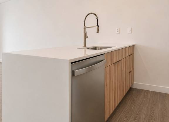 A modern kitchen with a stainless steel dishwasher and wooden cabinets.