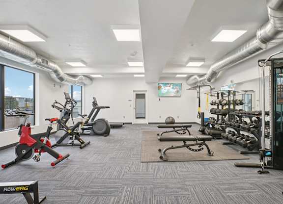 A gym with a variety of equipment including treadmills, weights, and exercise machines.