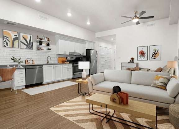 a living room with a couch and a table