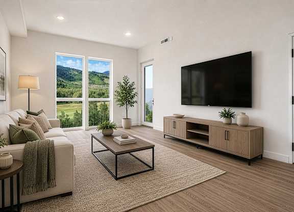 A modern living room with a large window overlooking a green landscape.