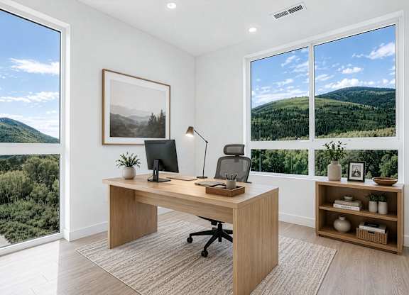 A modern home office with a large window overlooking a mountainous landscape.