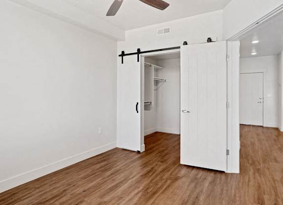 a bedroom with a closet and a hard wood floor