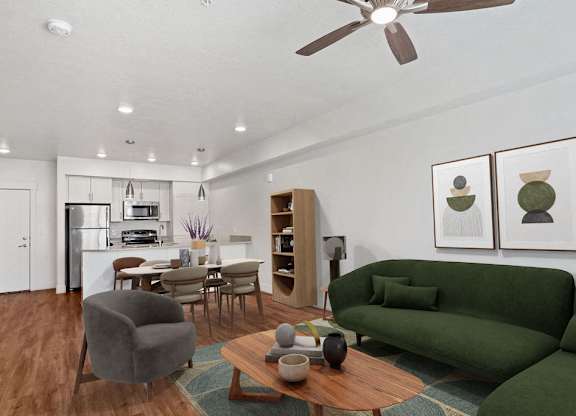 a living room with a couch and a table
