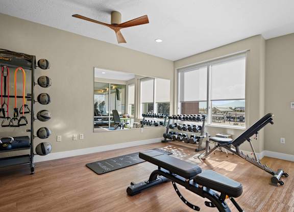 a home gym with exercise equipment and large windows