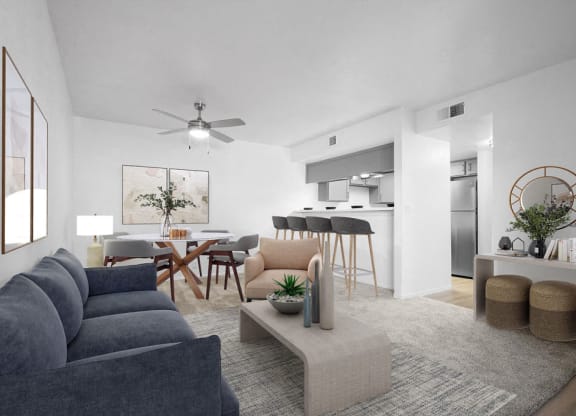 a living room with a couch and a table