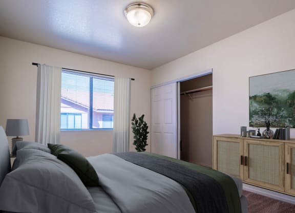 a bedroom with a bed and a closet