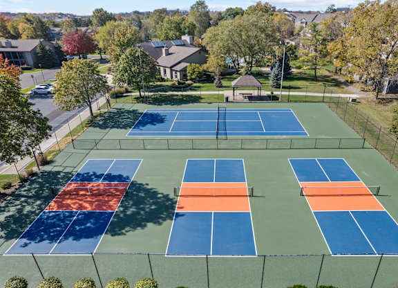Aerial view of the Tennis facility at Lakes of Carmel Apartments, Carmel, IN, 46032