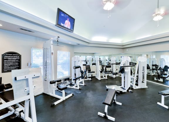Fitness center with cardio and weight training machines at The Winsted at Valley Ranch in Irving, TX, For Rent. Now leasing 1 and 2 bedroom apartments.