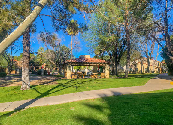 Community  filled with mature trees and lush landscaping at La Hacienda Apartments in Tucson, AZ!