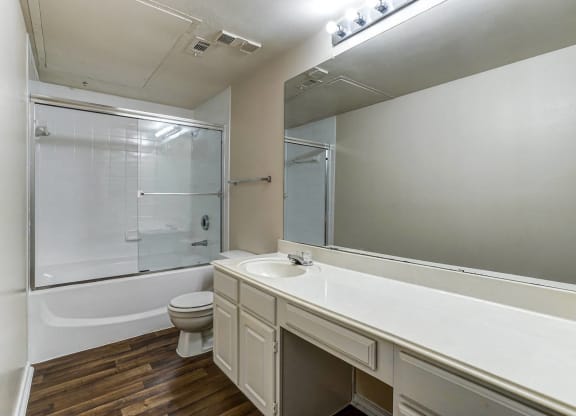 Large bathrooms with ample countertop space at Turnberry Isle Apartments in Dallas, TX.