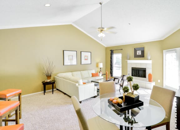 Fireplace in open concept floor plan at The Winsted at Valley Ranch in Irving, TX, For Rent. Now leasing 1 and 2 bedroom apartments.