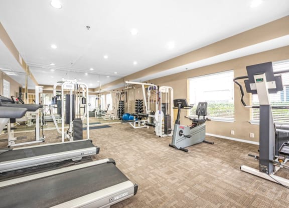 a gym with cardio equipment and weights on the floor