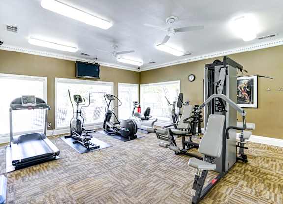 A well-equipped gym with treadmills, elliptical machines, and weight machines.