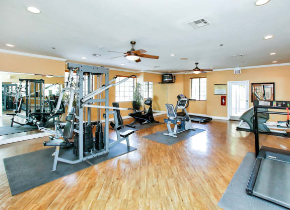 the home gym has plenty of equipment including weights and cardio machines