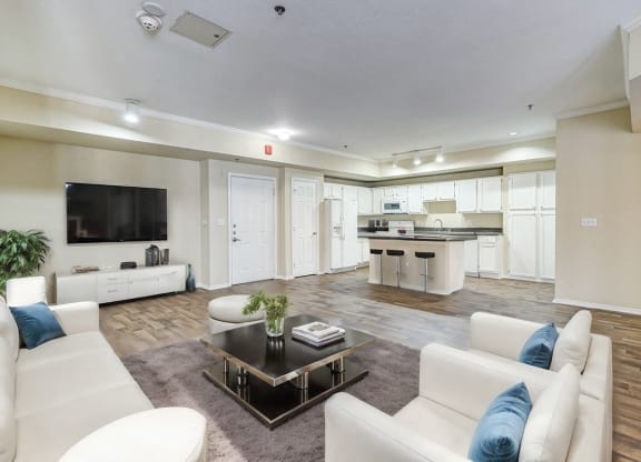 a living room and kitchen with couches and a table