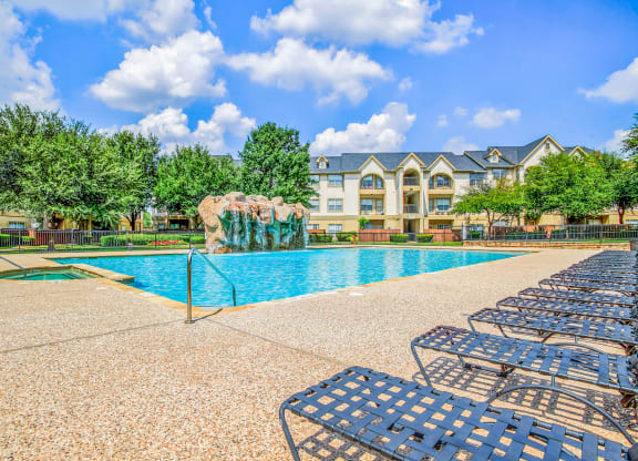 Sun deck poolside at Tuscany Square Apartments in North Dallas, TX. Now leasing studios, 1 and 2 bedroom apartments.
