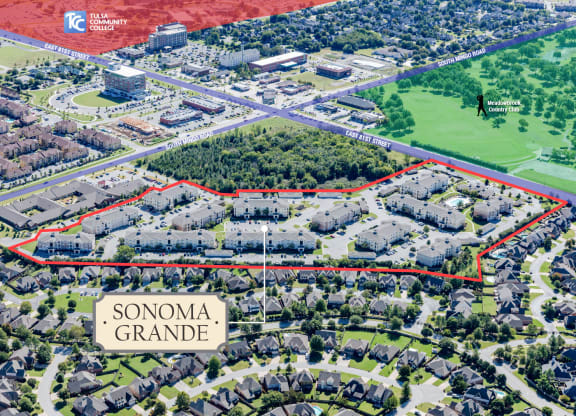 Aerial view of the apartment community with community outlined in red Sonoma Grande Apartments in South Tulsa, OK 1, 2 & 3 Bedrooms.
