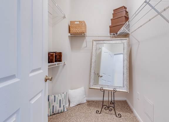 A white closet with a mirror and shelves.