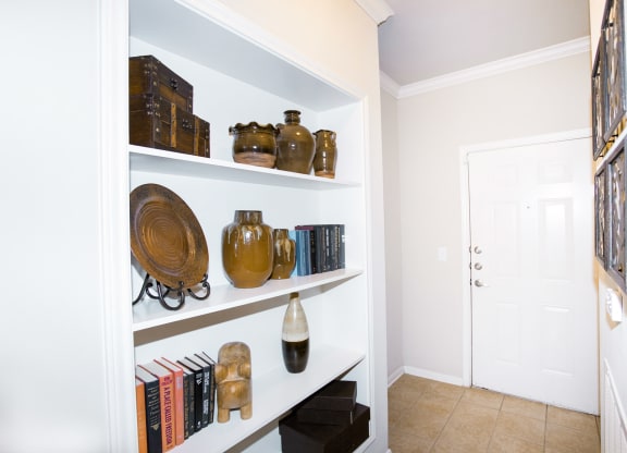 Built in bookshelf at Sonoma Grande Apartments in South Tulsa, OK 1, 2 & 3 Bedrooms.