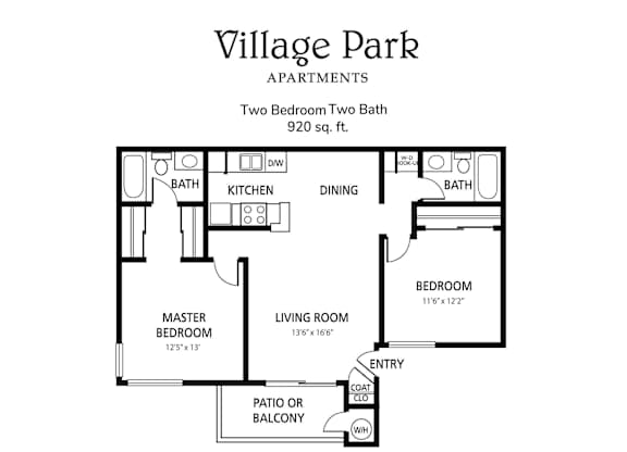 A black and white image of a floor plan for a two bedroom, two bath apartment.